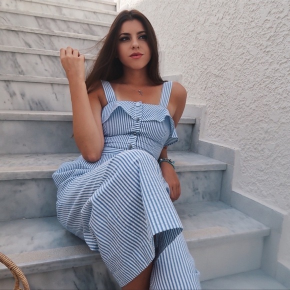 Zara blue white striped jumpsuit with ruffles size XS - Picture 13 of 16